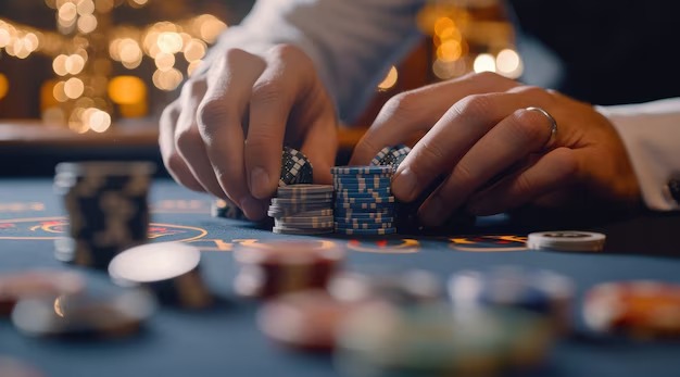 Dealer precision and card handling Close-up of live dealer hands dealing blackjack cards